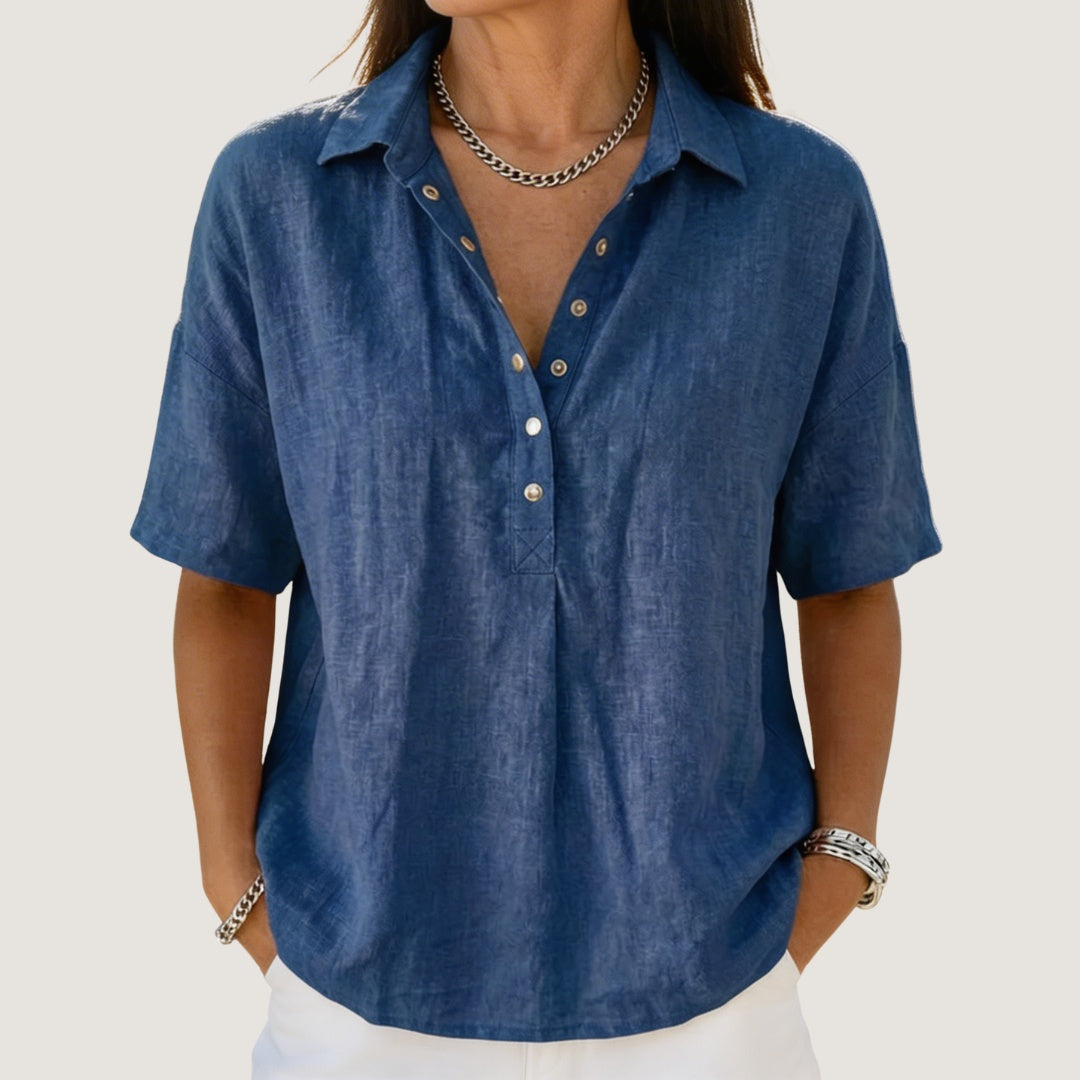 Blusa de Lino Manga Corta Cuello Polo con Botones