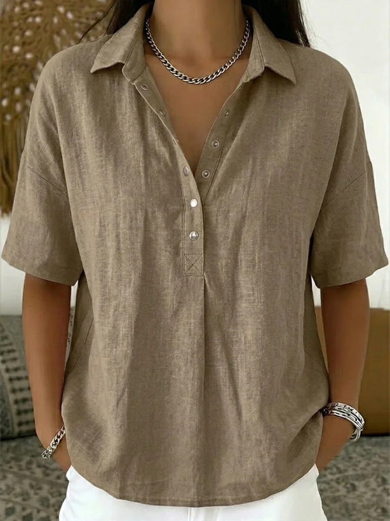 Blusa de Lino Manga Corta Cuello Polo con Botones