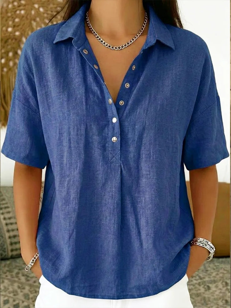 Blusa de Lino Manga Corta Cuello Polo con Botones