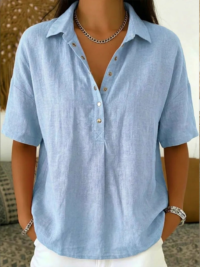 Blusa de Lino Manga Corta Cuello Polo con Botones