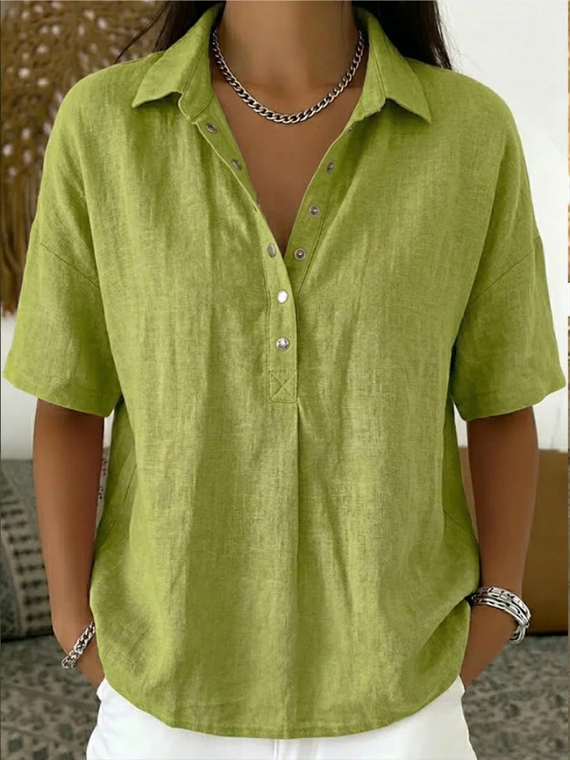 Blusa de Lino Manga Corta Cuello Polo con Botones