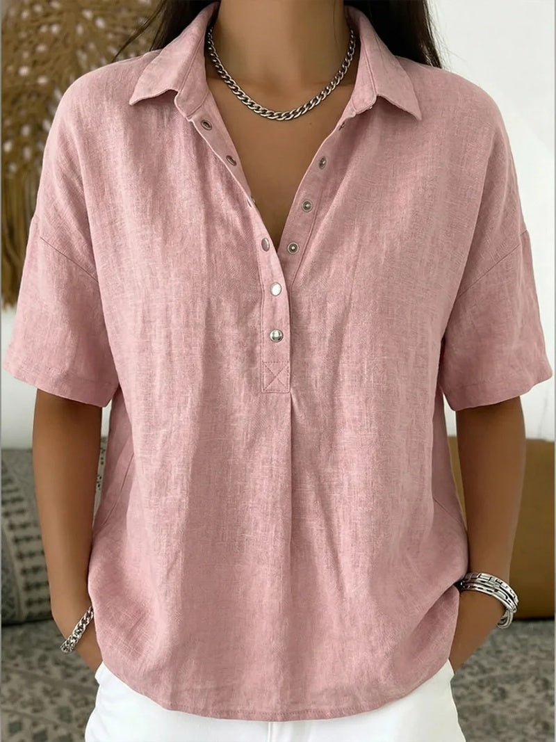 Blusa de Lino Manga Corta Cuello Polo con Botones