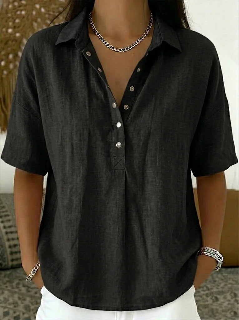 Blusa de Lino Manga Corta Cuello Polo con Botones