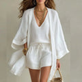 Conjunto de Lino de Tres Piezas: Top, Shorts y Kimono