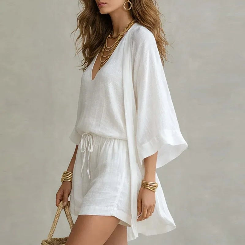 Conjunto de Lino de Tres Piezas: Top, Shorts y Kimono