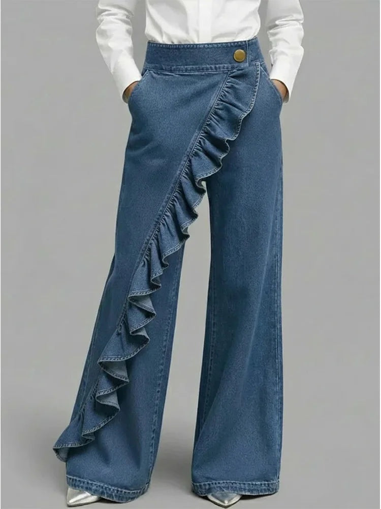 Inés Mujer Vaqueros Wide Leg con Volantes Cintura Alta