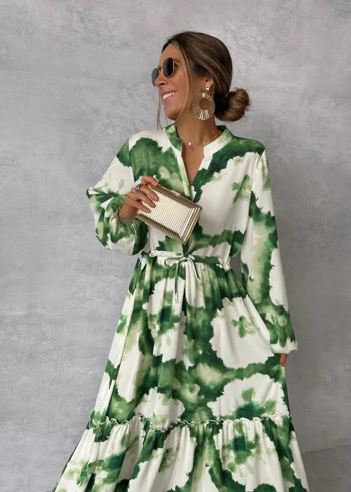Vestido Lencero Largo con Estampado y Cinturón