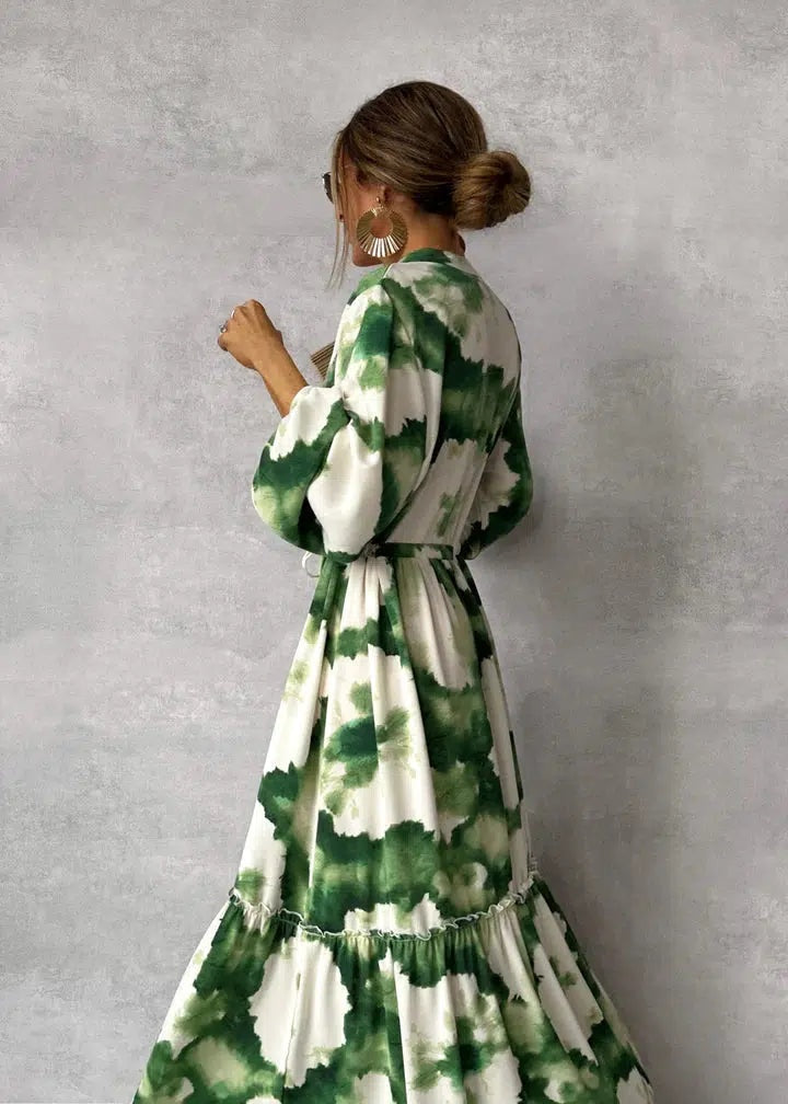 Vestido Lencero Largo con Estampado y Cinturón