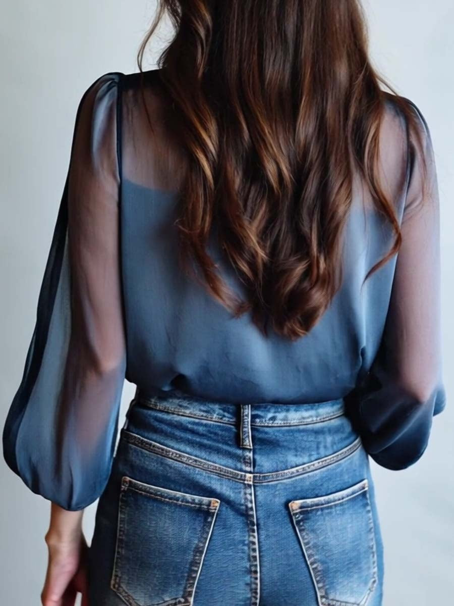 Velo Floral | Blusa Floral Elegante de Manga Larga Mujer Transparente