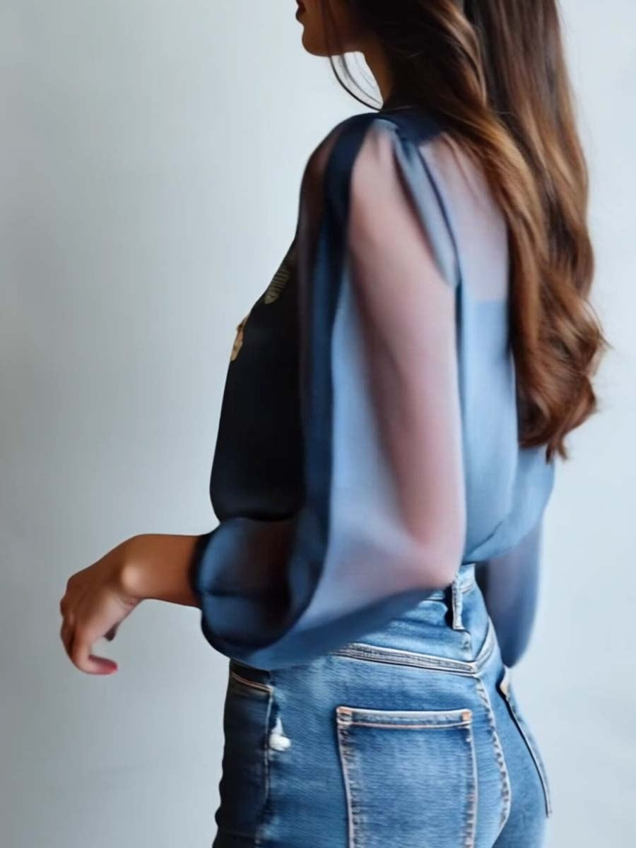 Velo Floral | Blusa Floral Elegante de Manga Larga Mujer Transparente