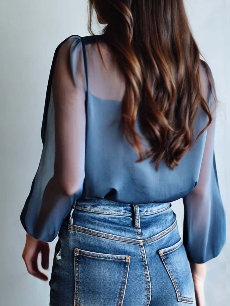Velo Floral | Blusa Floral Elegante de Manga Larga Mujer Transparente