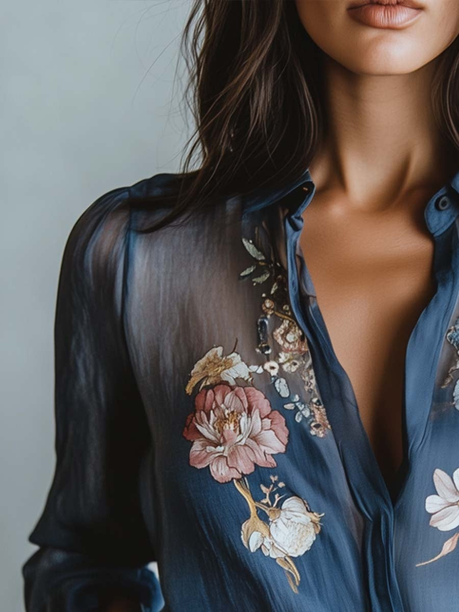 Velo Floral | Blusa Floral Elegante de Manga Larga Mujer Transparente
