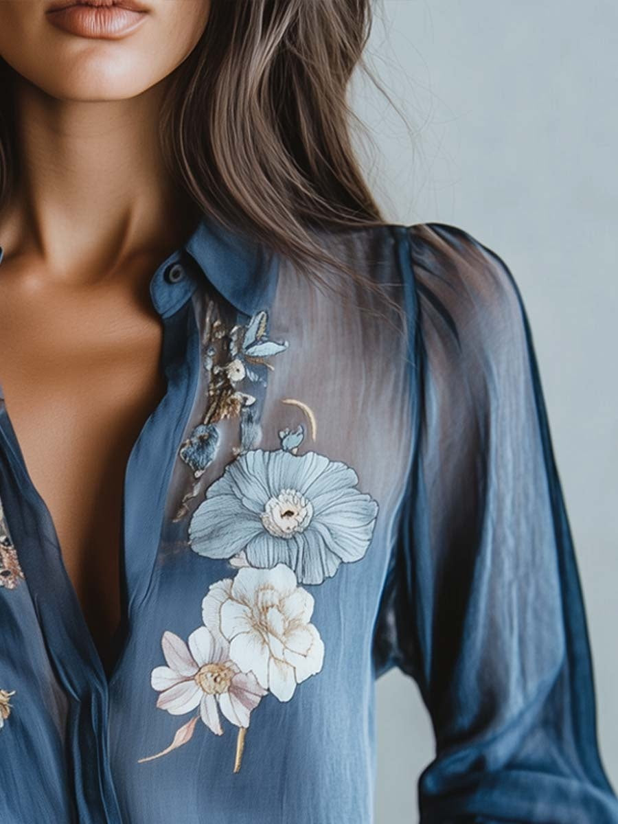 Velo Floral | Blusa Floral Elegante de Manga Larga Mujer Transparente
