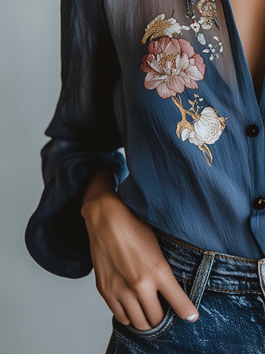 Velo Floral | Blusa Floral Elegante de Manga Larga Mujer Transparente