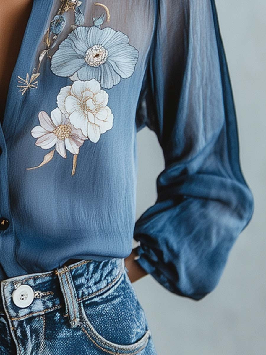 Velo Floral | Blusa Floral Elegante de Manga Larga Mujer Transparente