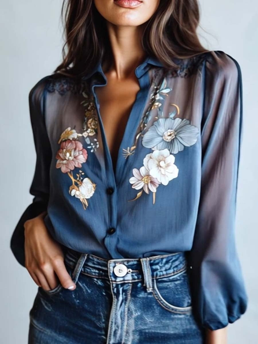 Velo Floral | Blusa Floral Elegante de Manga Larga Mujer Transparente