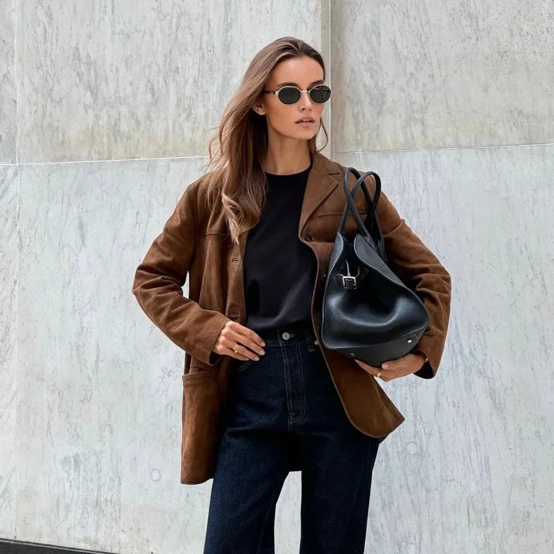 Chaqueta de Ante Solapa Corte Recto para Mujer