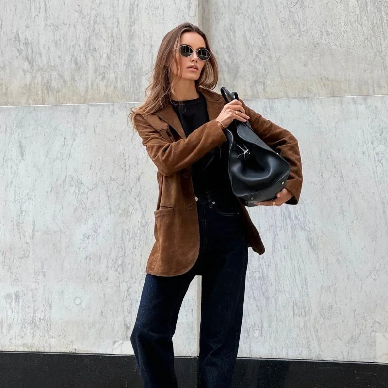 Chaqueta de Ante Solapa Corte Recto para Mujer