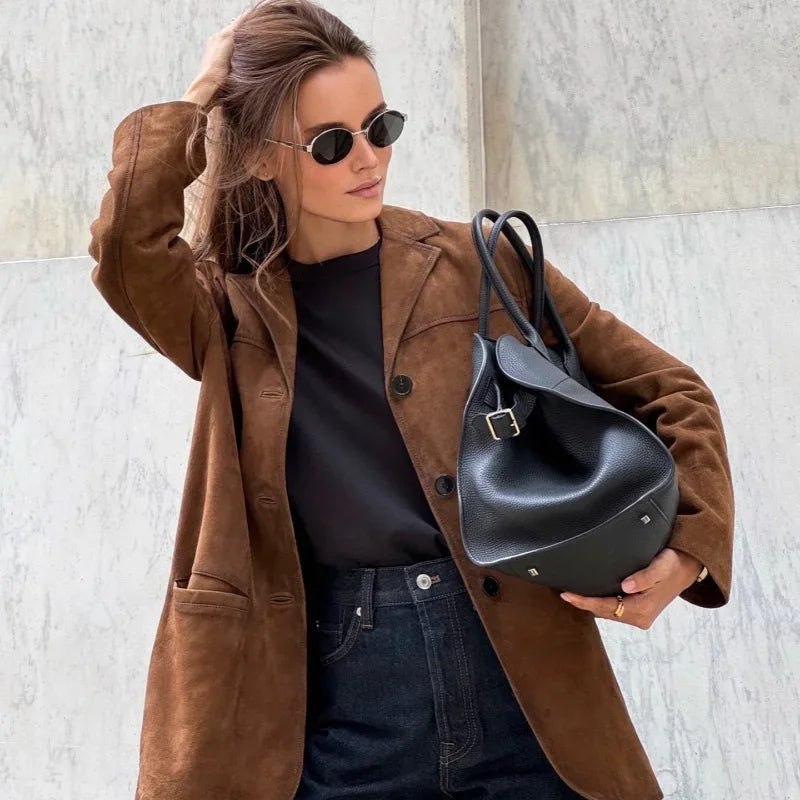 Chaqueta de Ante Solapa Corte Recto para Mujer