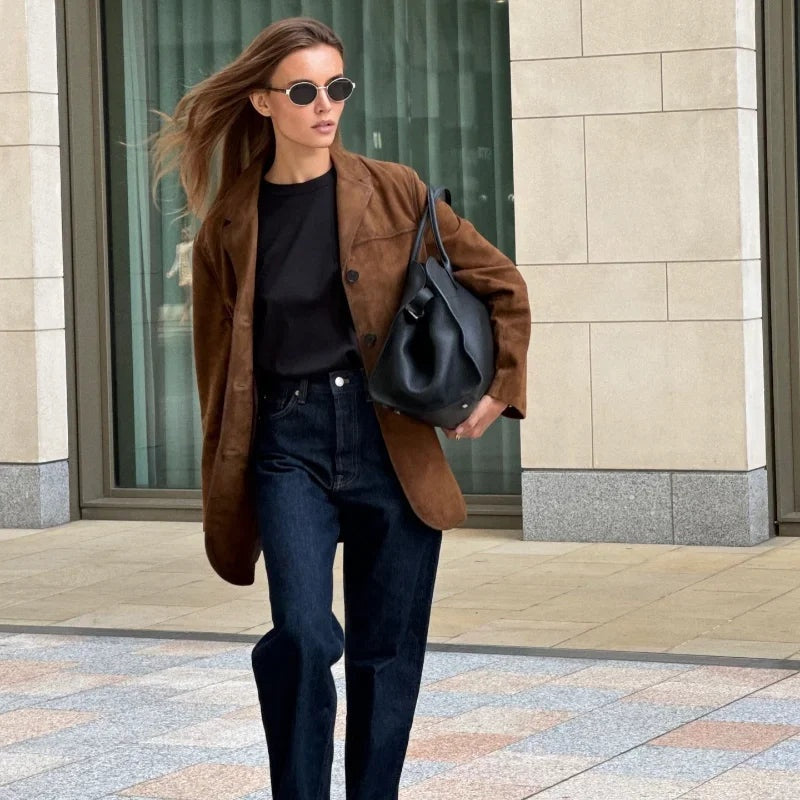 Chaqueta de Ante Solapa Corte Recto para Mujer