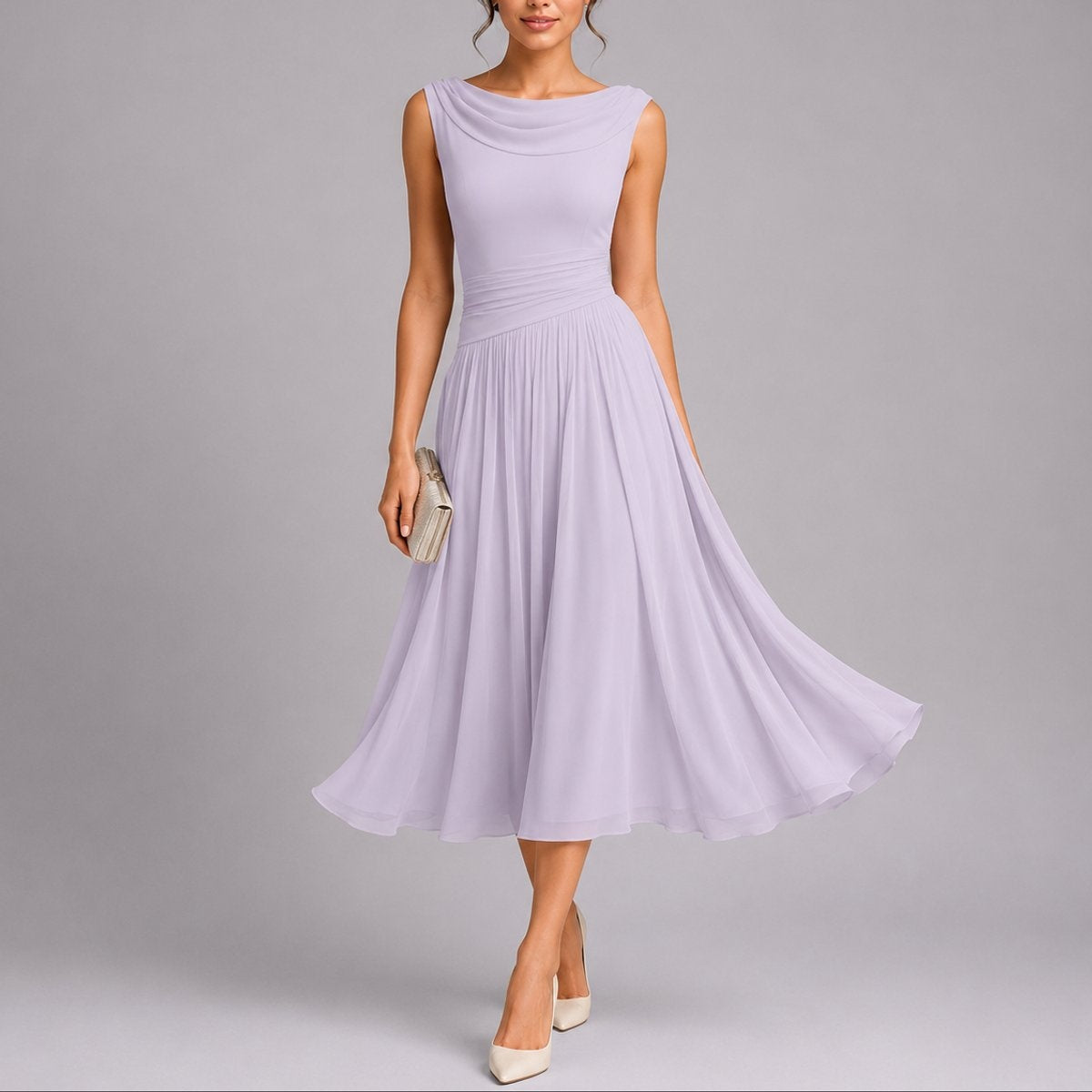 Vestido Midi Plisado de Invitada de Otoño Sin Mangas