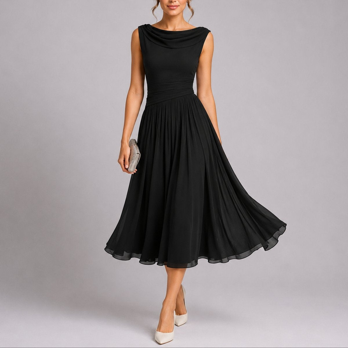 Vestido Midi Plisado de Invitada de Otoño Sin Mangas