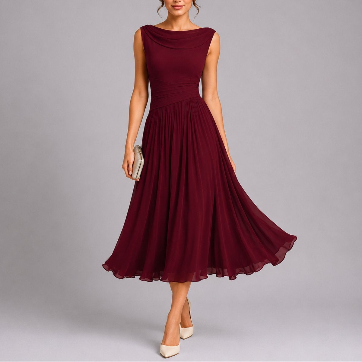 Vestido Midi Plisado de Invitada de Otoño Sin Mangas