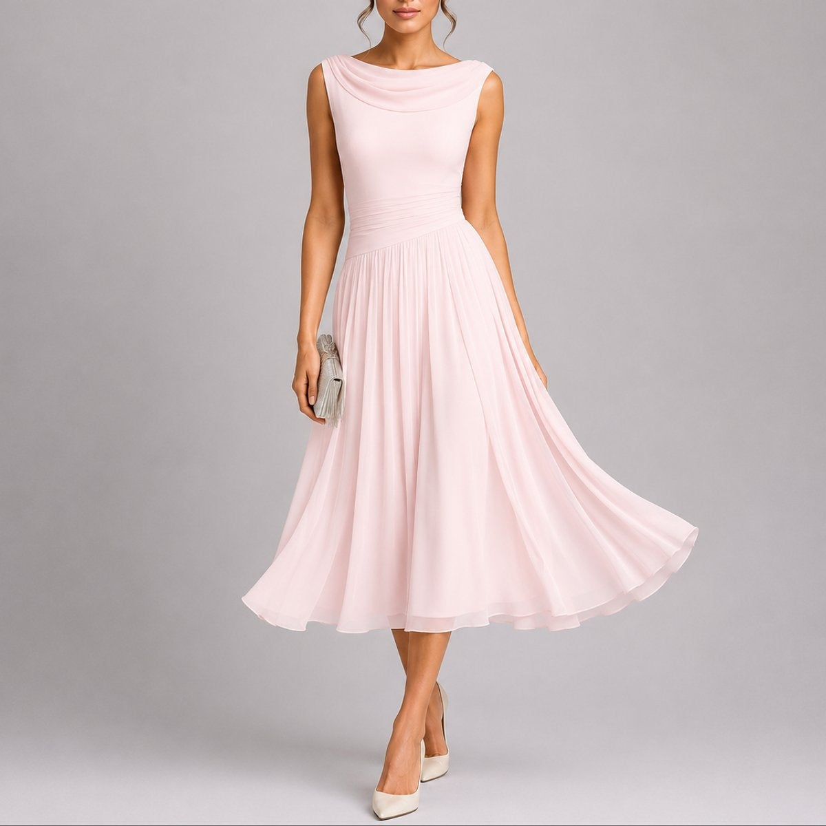 Vestido Midi Plisado de Invitada de Otoño Sin Mangas