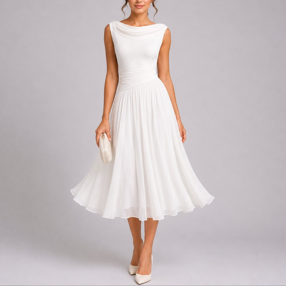 Vestido Midi Plisado de Invitada de Otoño Sin Mangas