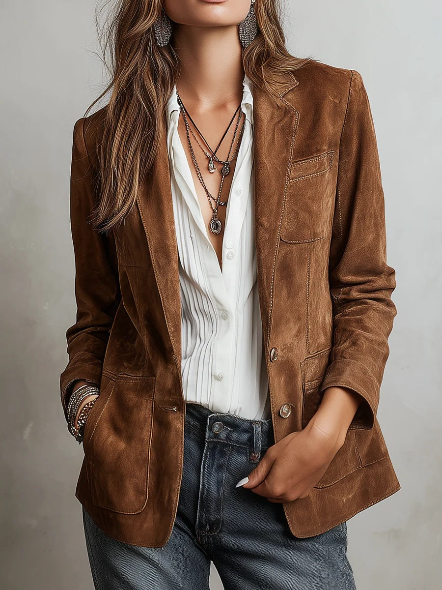 Chaqueta de Ante Solapa con Bolsillos para Mujer