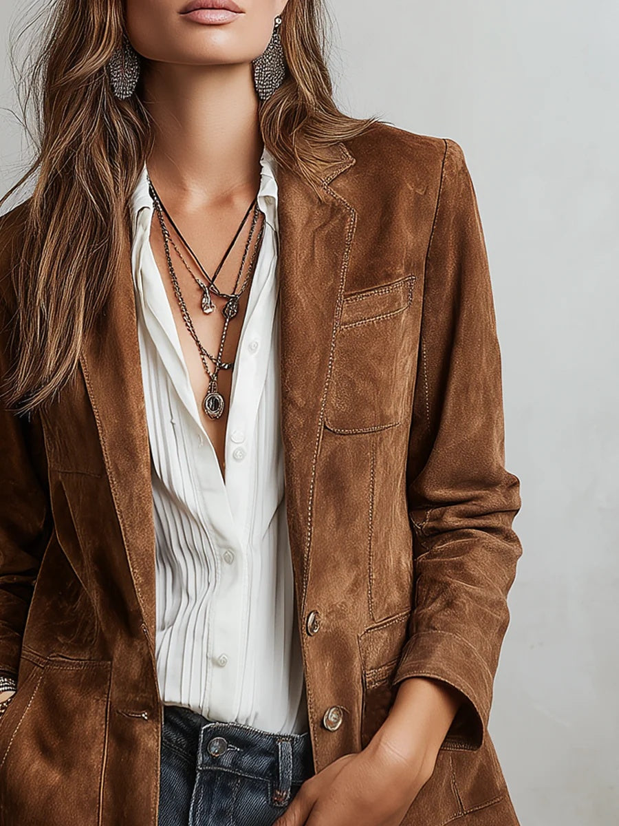 Chaqueta de Ante Solapa con Bolsillos para Mujer