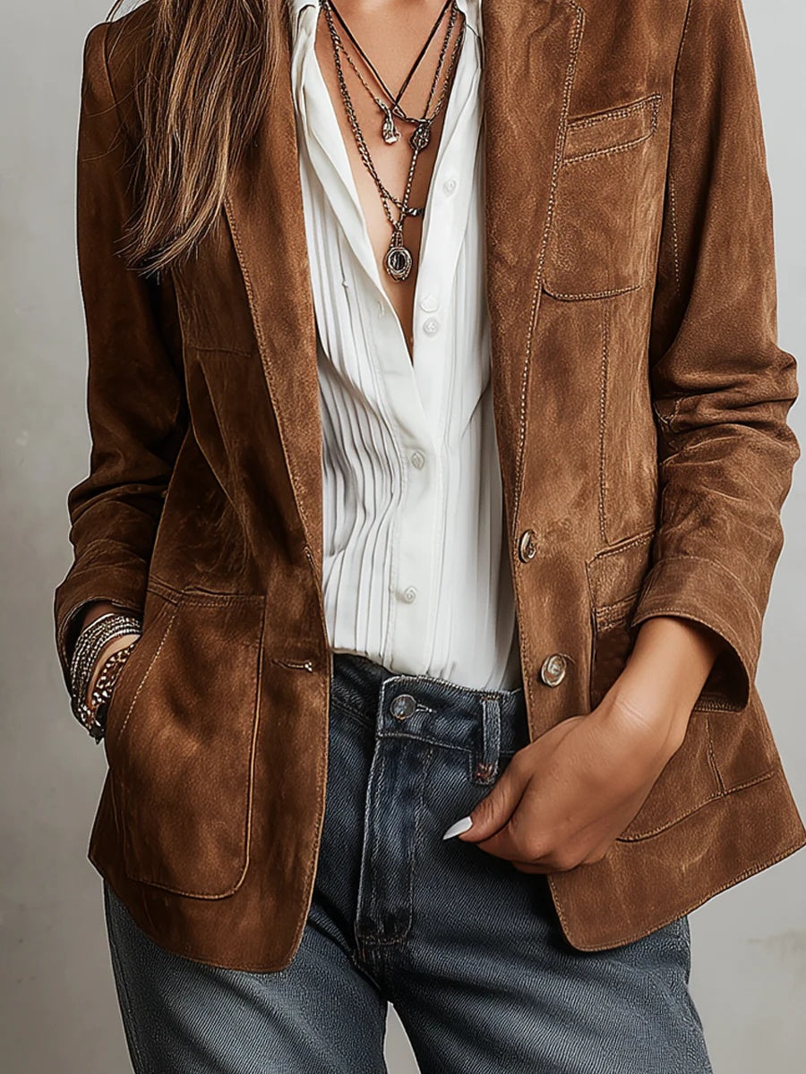 Chaqueta de Ante Solapa con Bolsillos para Mujer