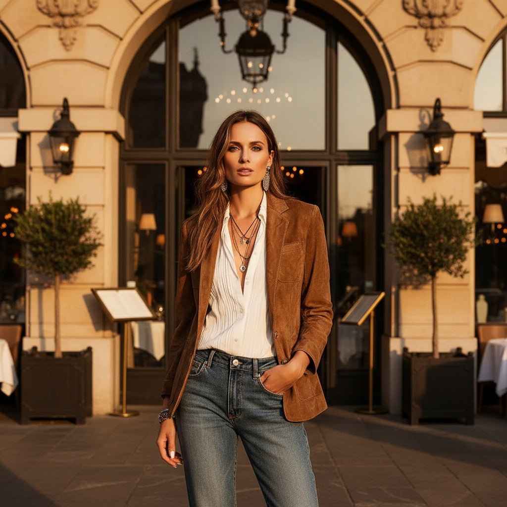 Chaqueta de Ante Solapa con Bolsillos para Mujer