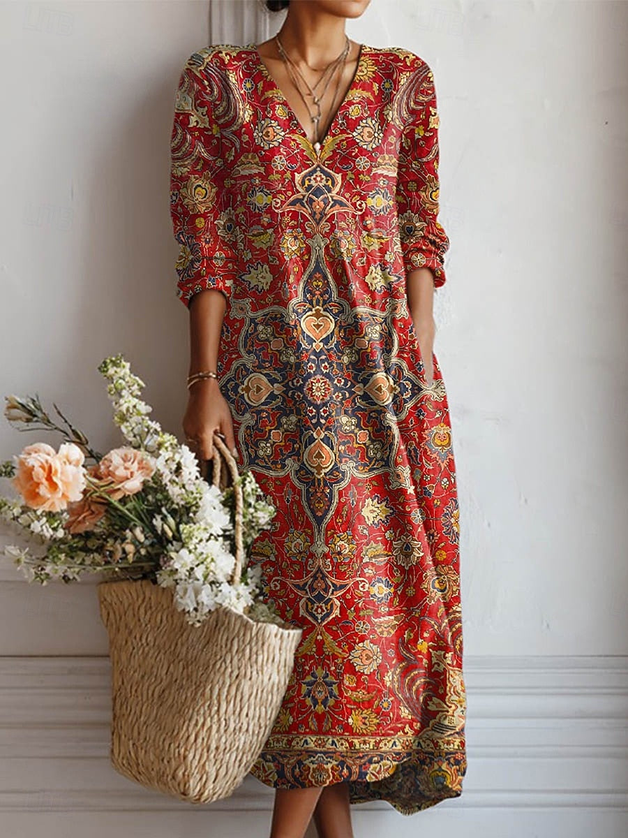 Vestido Boho de Lino Estampado Midi para Mujer