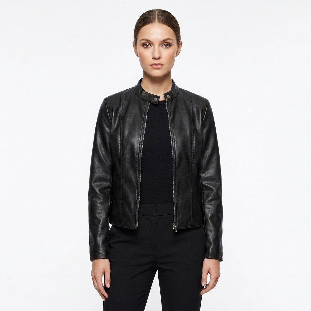 Chaqueta Biker de Cuero Ajustada Cuello Mao para Mujer