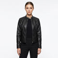 Chaqueta Biker de Cuero Ajustada Cuello Mao para Mujer