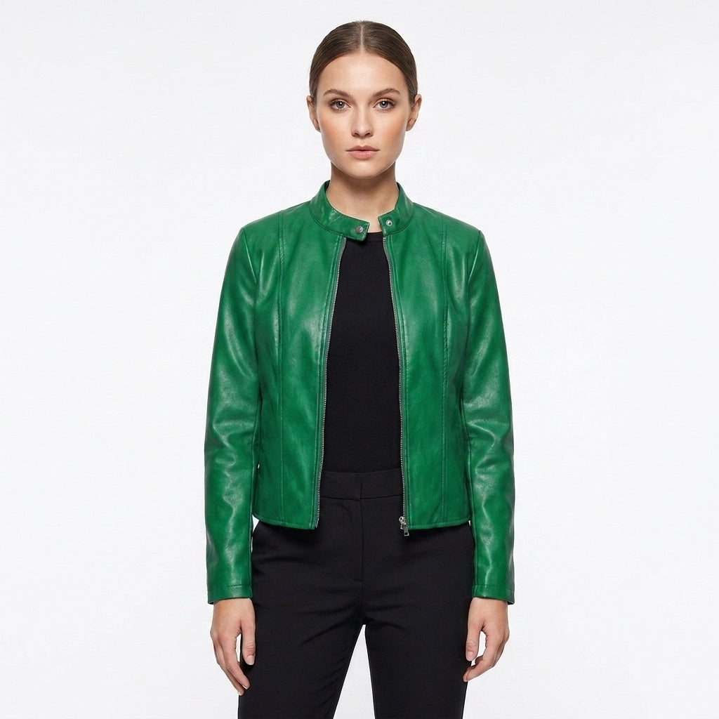Chaqueta Biker de Cuero Ajustada Cuello Mao para Mujer