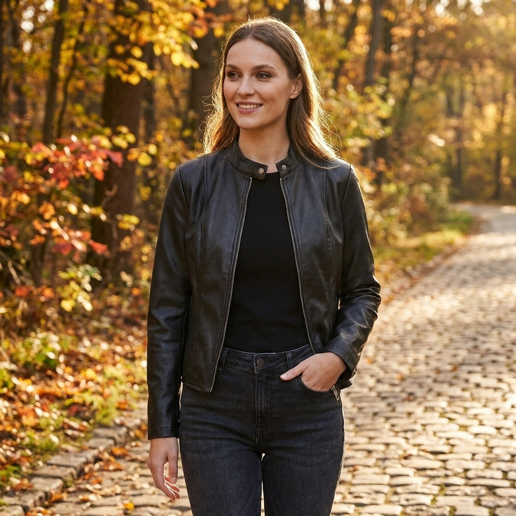 Chaqueta Biker de Cuero Ajustada Cuello Mao para Mujer