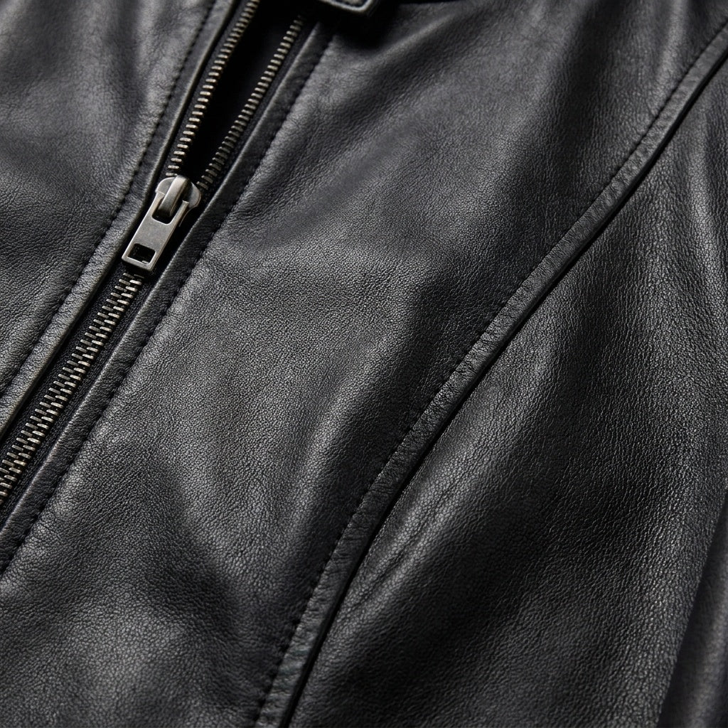 Chaqueta Biker de Cuero Ajustada Cuello Mao para Mujer