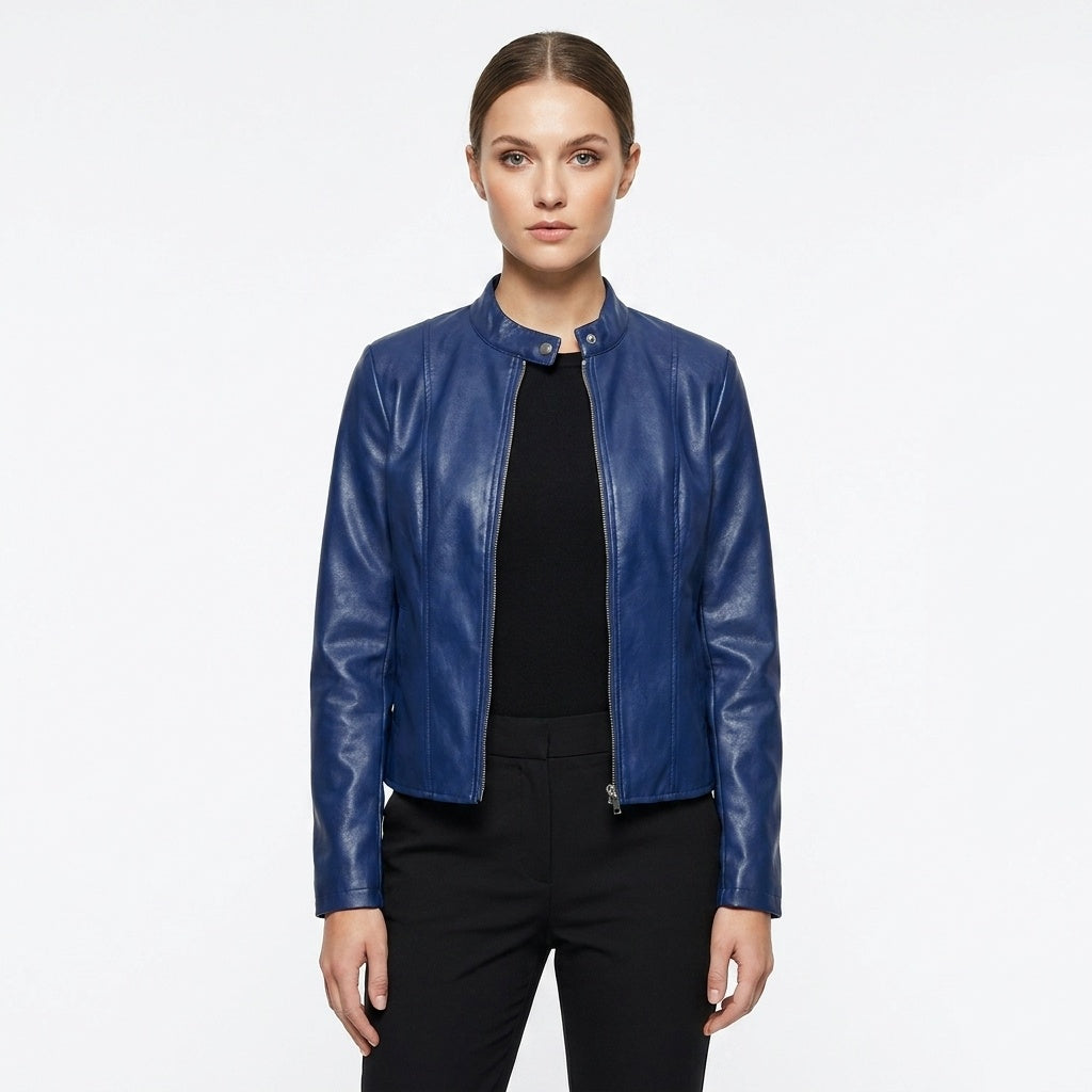 Chaqueta Biker de Cuero Ajustada Cuello Mao para Mujer