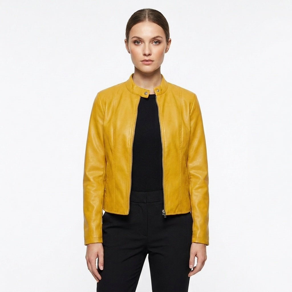 Chaqueta Biker de Cuero Ajustada Cuello Mao para Mujer