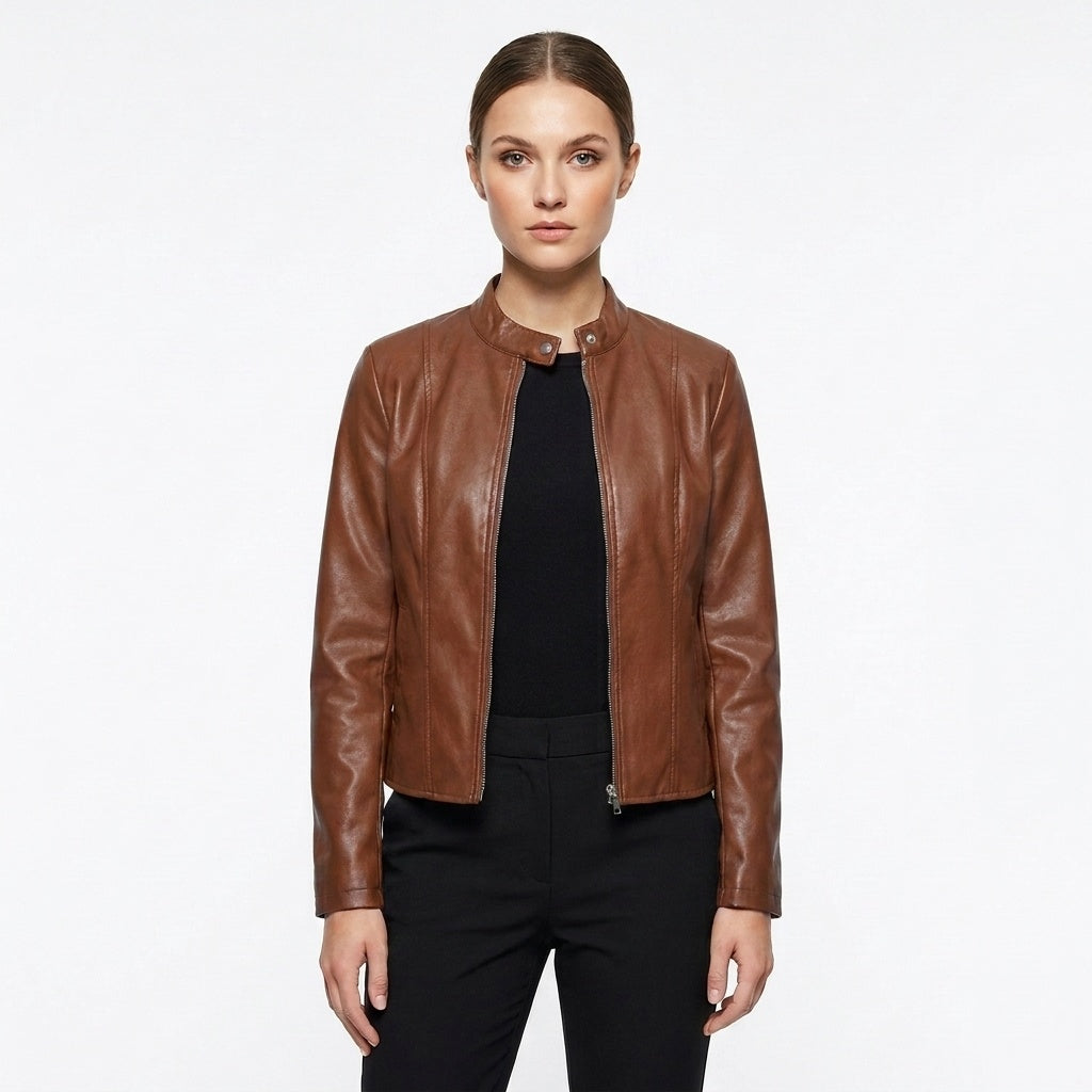 Chaqueta Biker de Cuero Ajustada Cuello Mao para Mujer