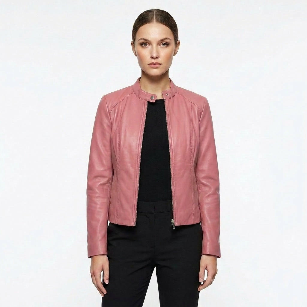 Chaqueta Biker de Cuero Ajustada Cuello Mao para Mujer