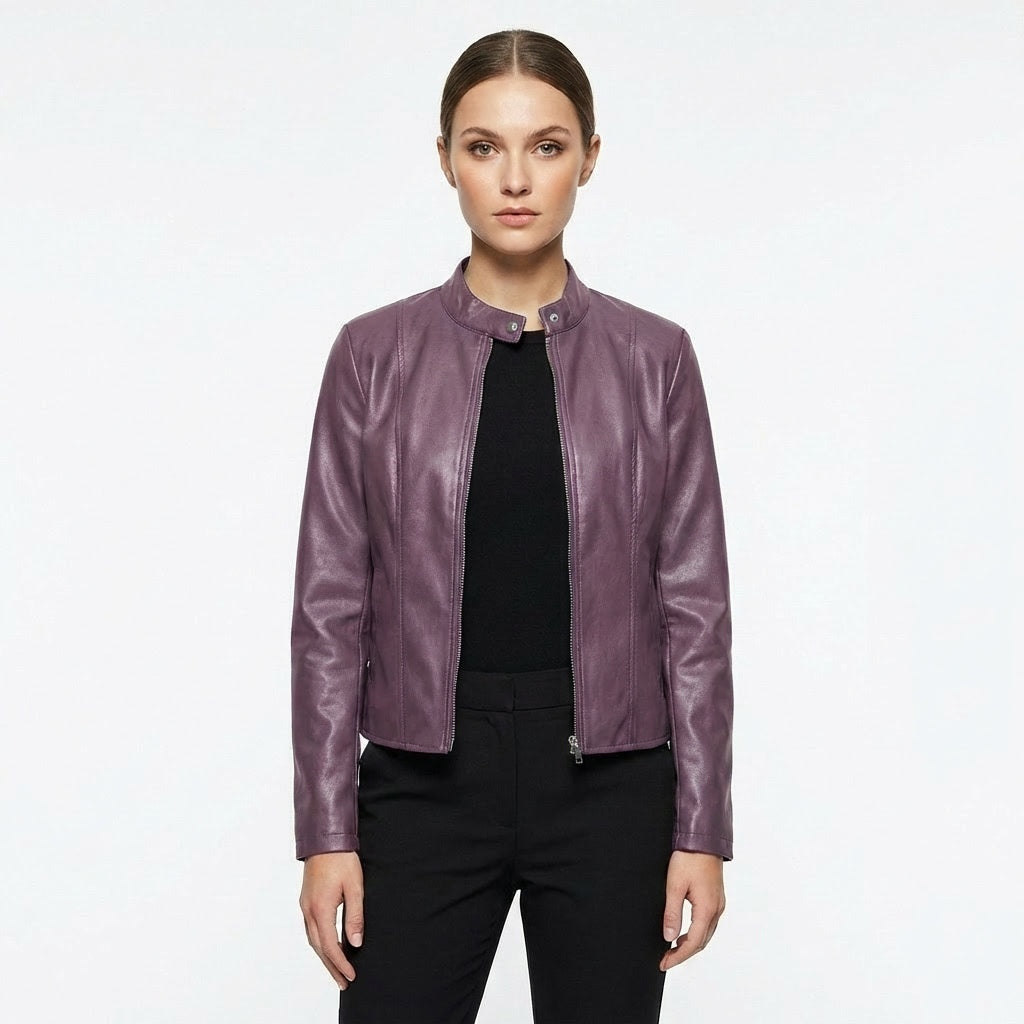 Chaqueta Biker de Cuero Ajustada Cuello Mao para Mujer