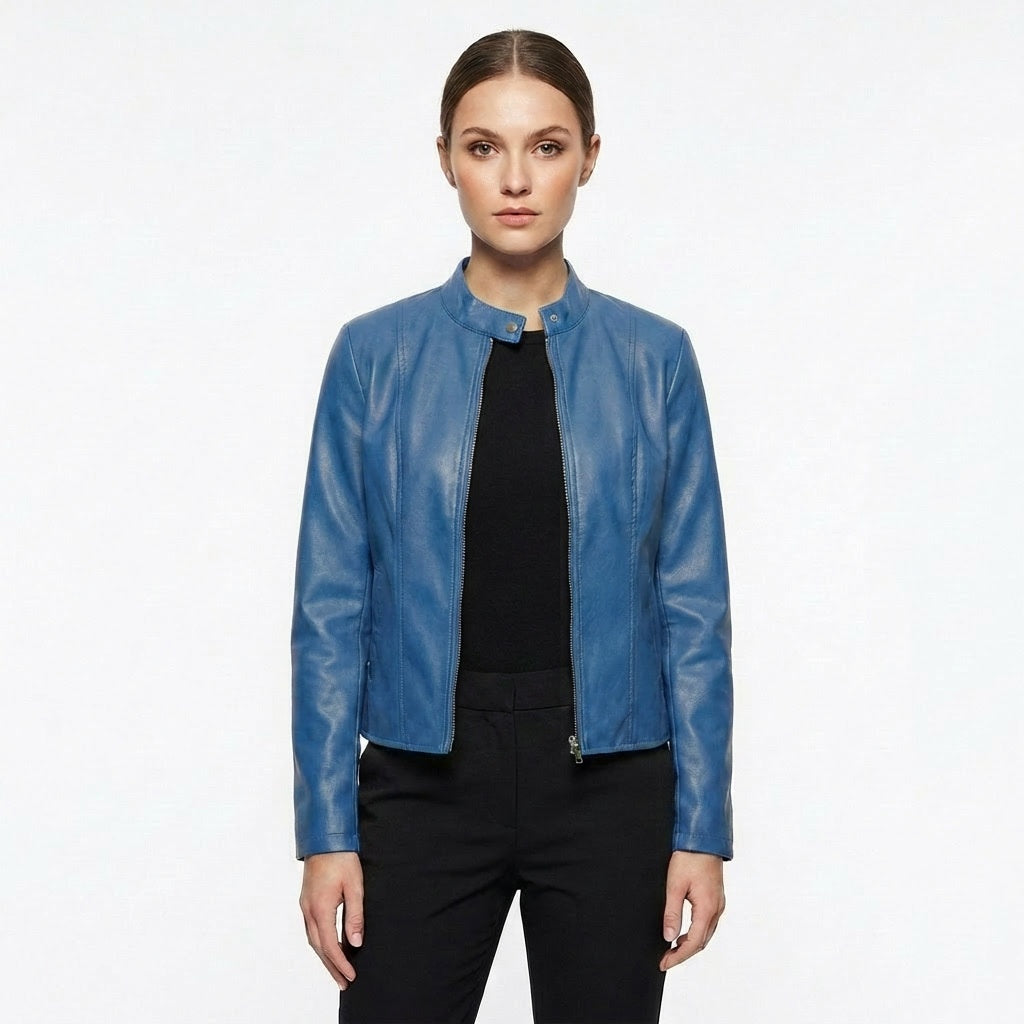Chaqueta Biker de Cuero Ajustada Cuello Mao para Mujer