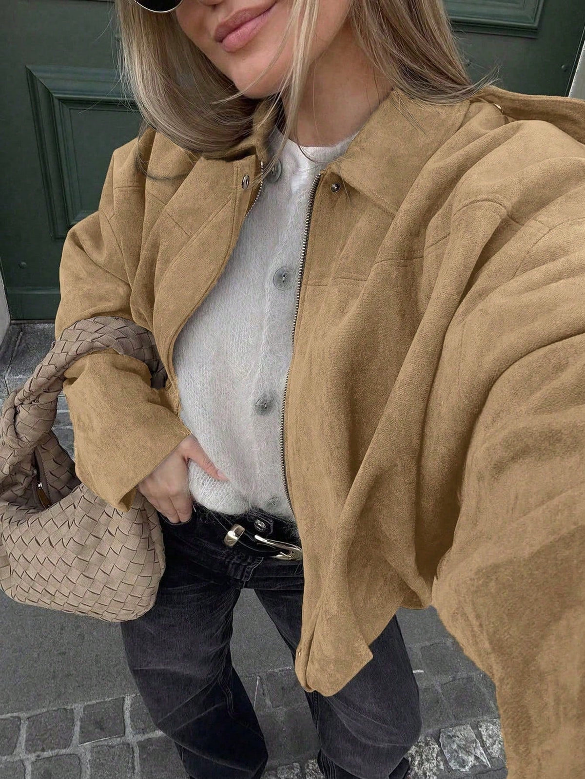Chaqueta de Ante Oversize con Cremallera para Mujer