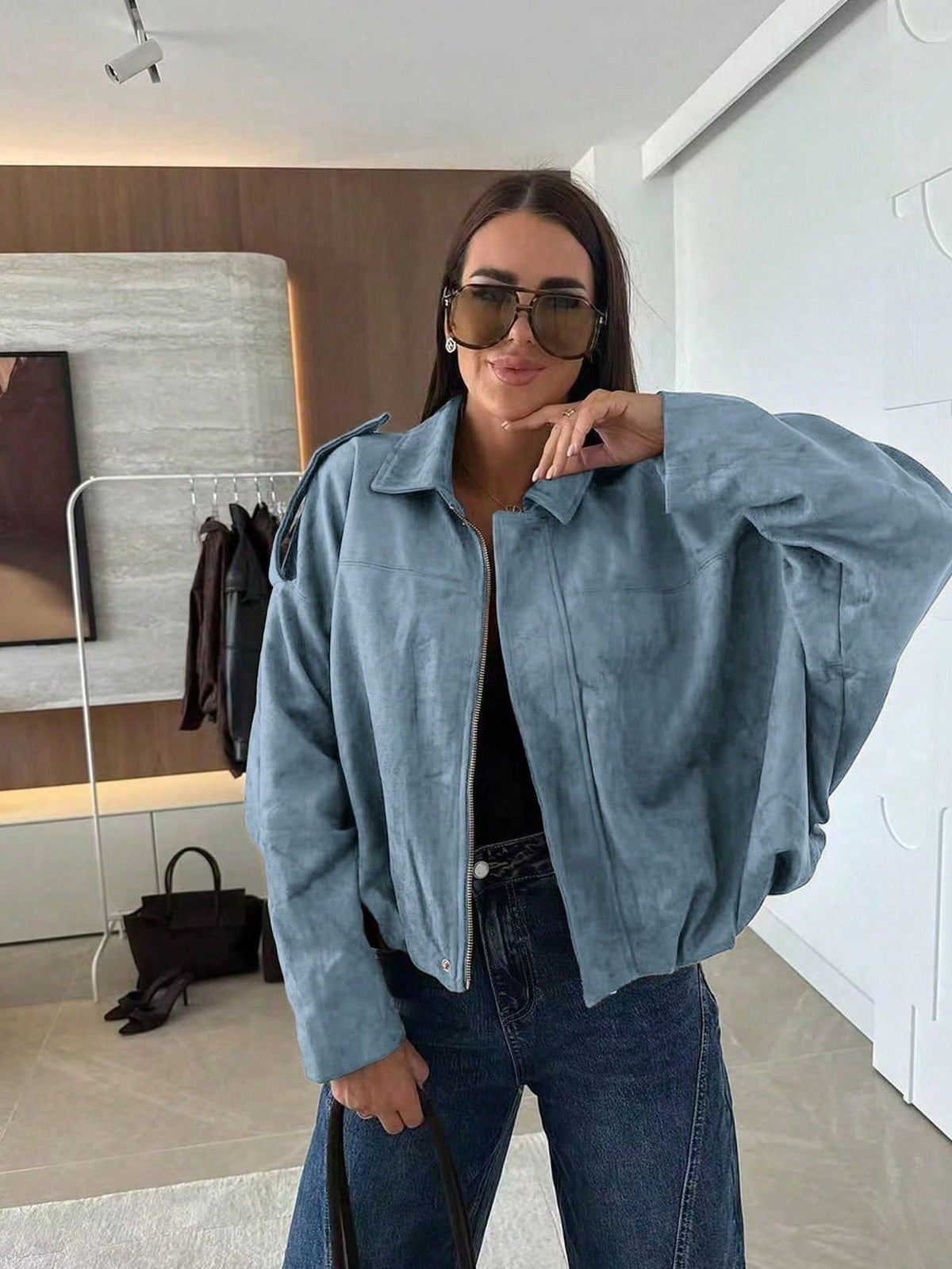 Chaqueta de Ante Oversize con Cremallera para Mujer