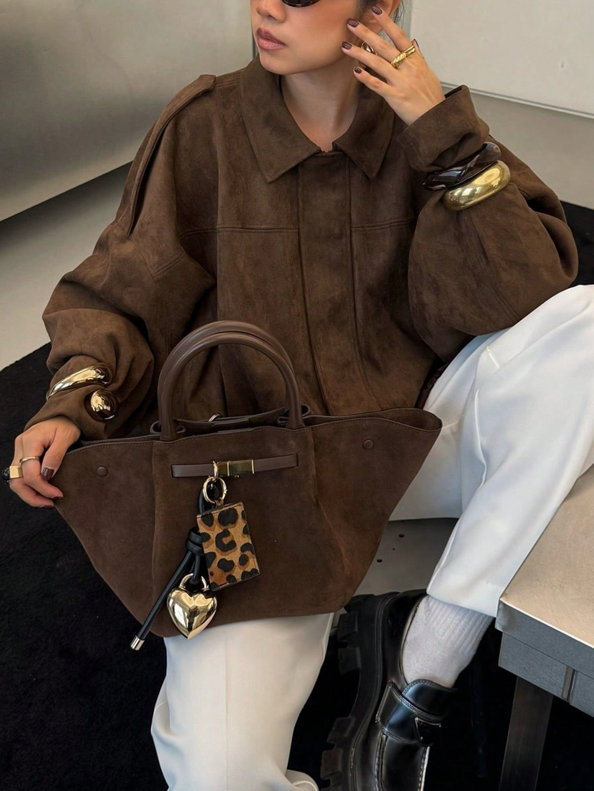 Chaqueta de Ante Oversize con Cremallera para Mujer