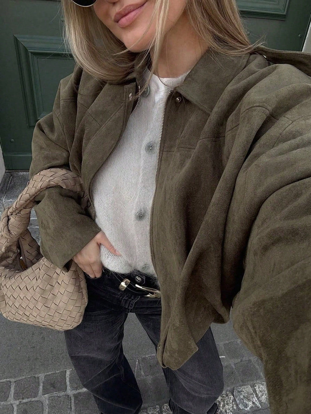 Chaqueta de Ante Oversize con Cremallera para Mujer