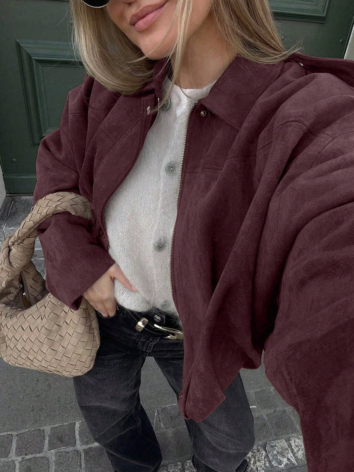 Chaqueta de Ante Oversize con Cremallera para Mujer